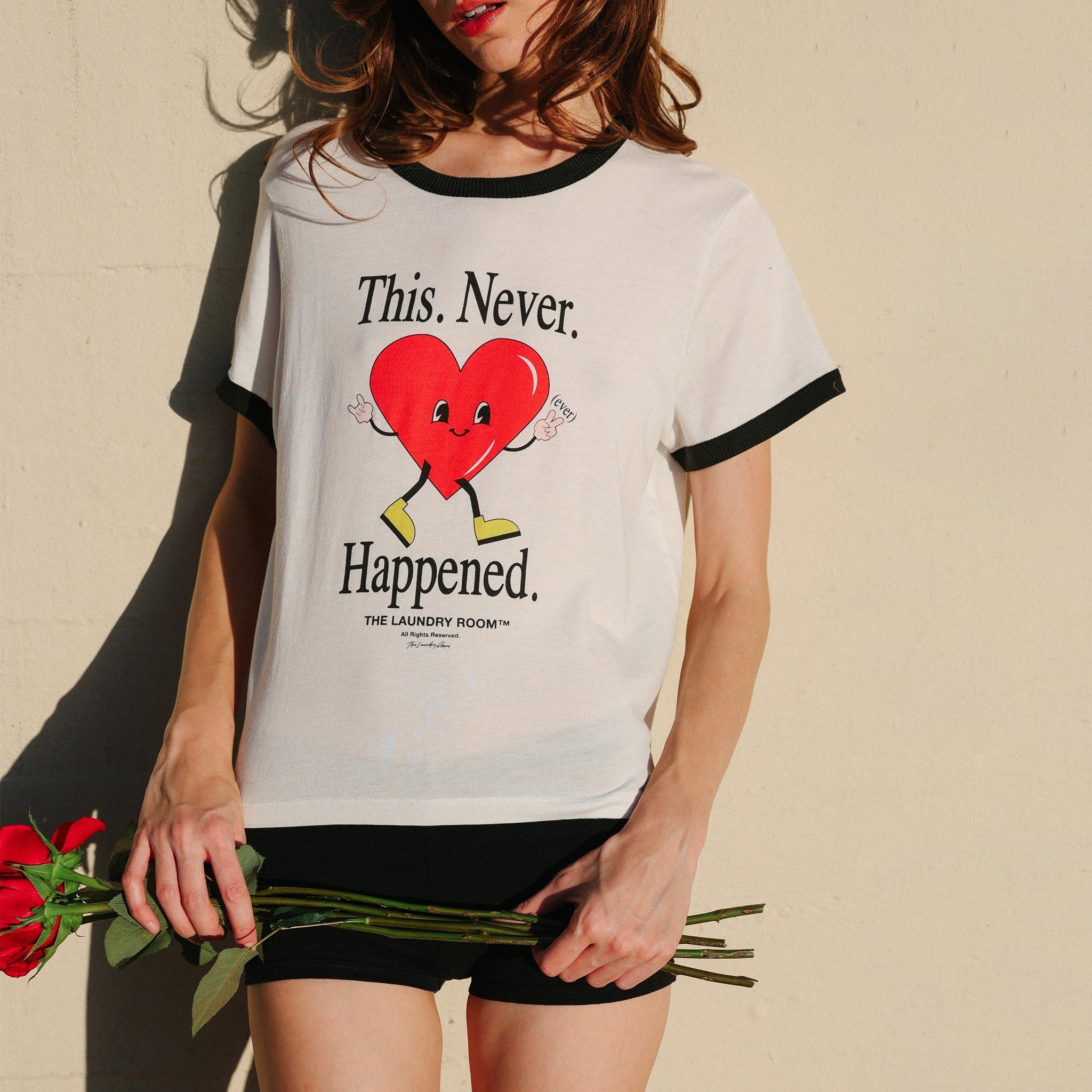 This. Never. Happened. - Perfect Ringer Tee - White & Black Snow