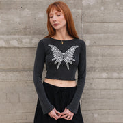 Butterfly Web - Long Sleeve Ribbed Tee - Black Snow