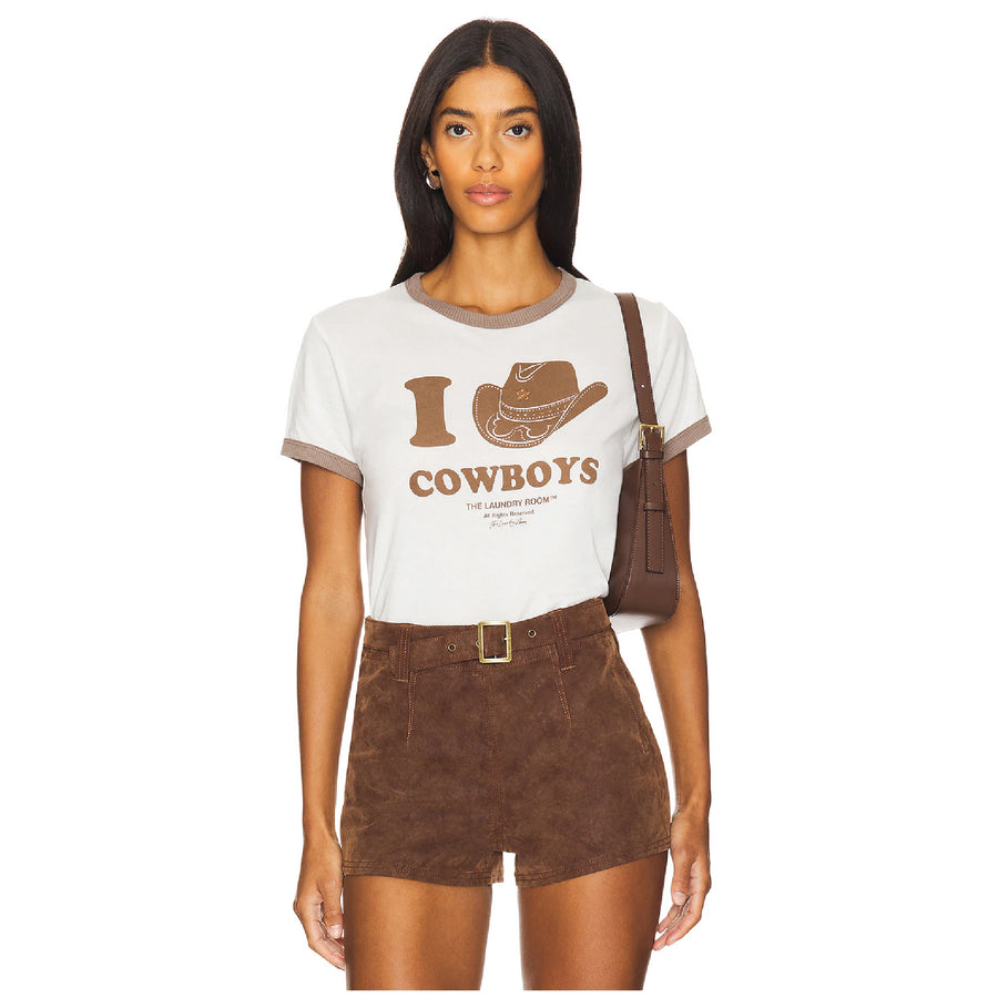 I Heart Cowboys - Perfect Ringer Tee - Bone & Brown