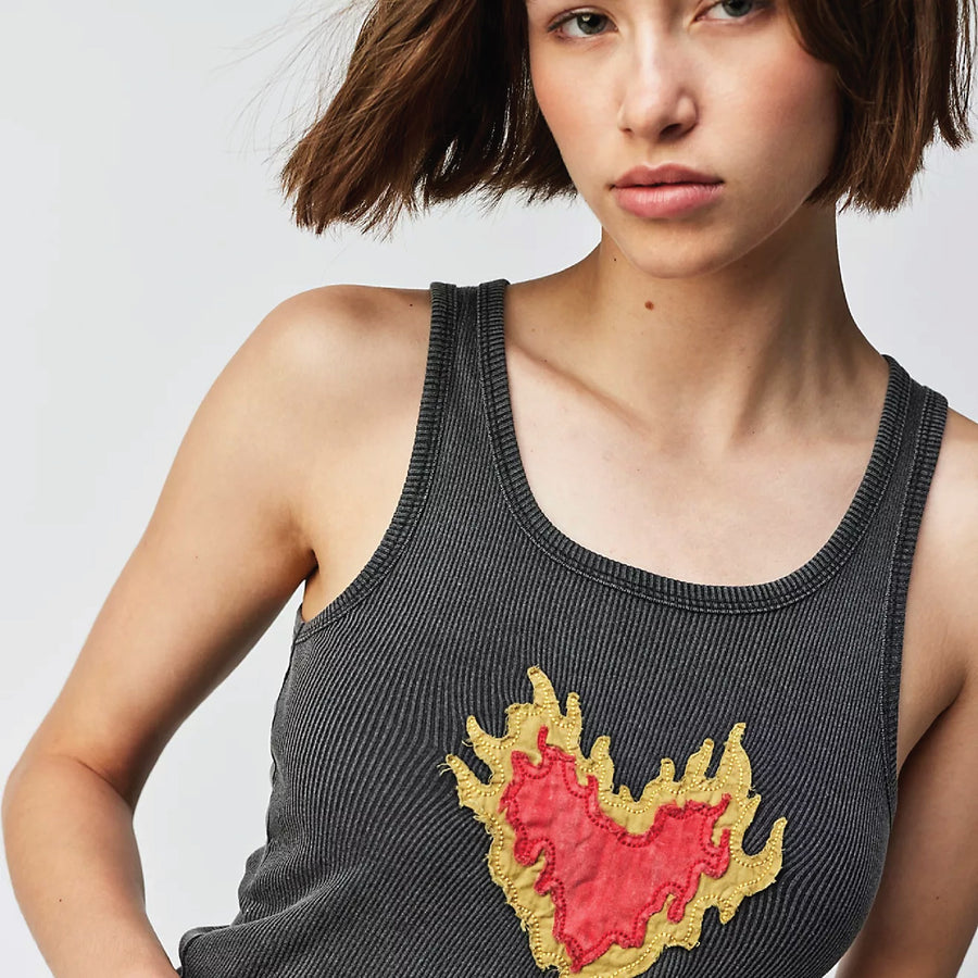 Burn Heart Stitch - Rib Tank - Black Snow