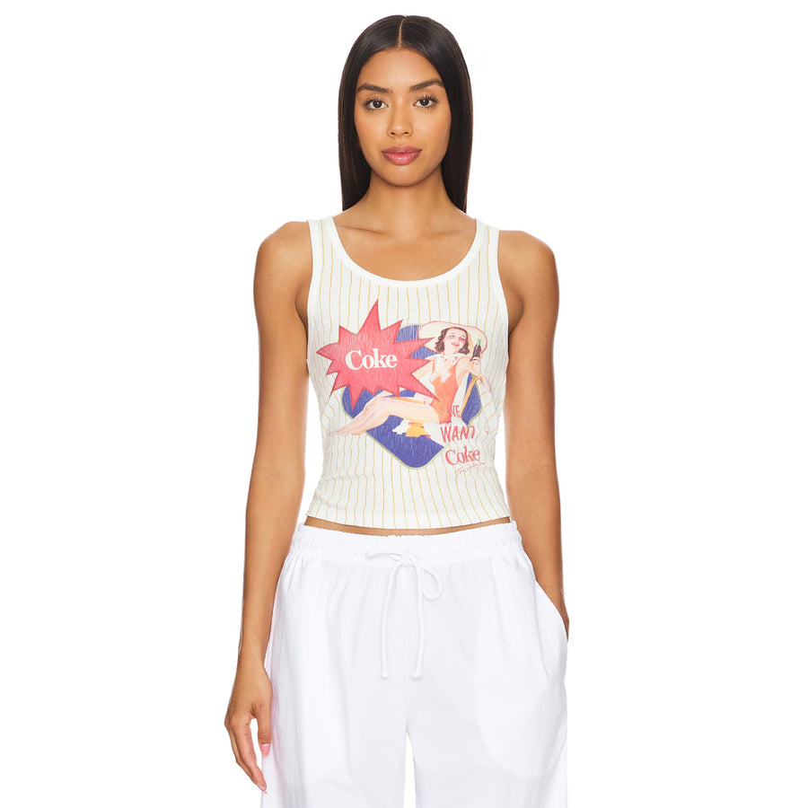 We Want Coke  - Rib Tank - White & Tan Stripe