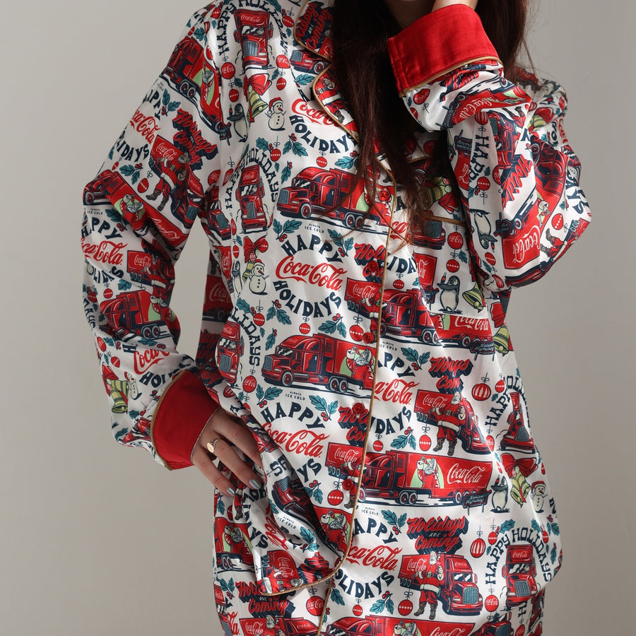 Happy Coca-Cola Holidays - Silky PJ Set - White & Red - The Laundry Room