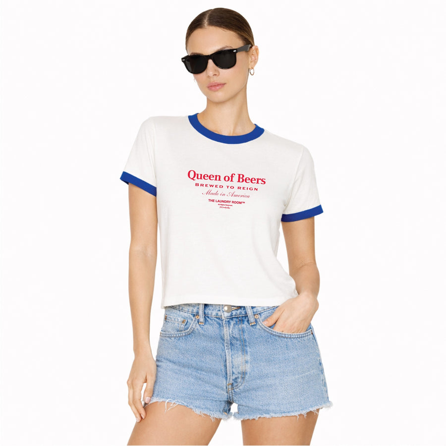 Queen Of Beers - Perfect Ringer Tee - White & Blue - The Laundry Room