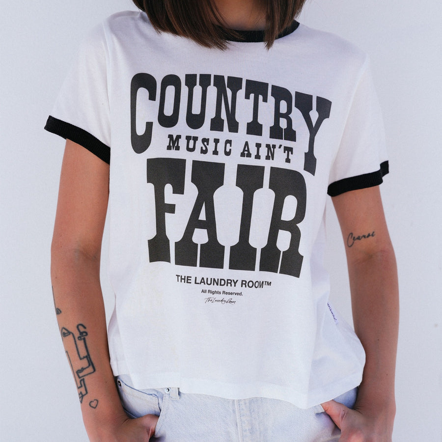 Country Music Ain't Fair - Perfect Ringer Tee - White & Black Snow - The Laundry Room