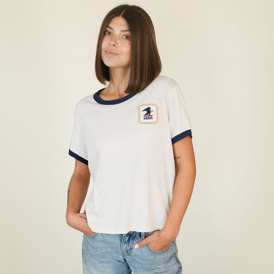 USPS Badge - Perfect Ringer Tee - Bone & Navy Snow