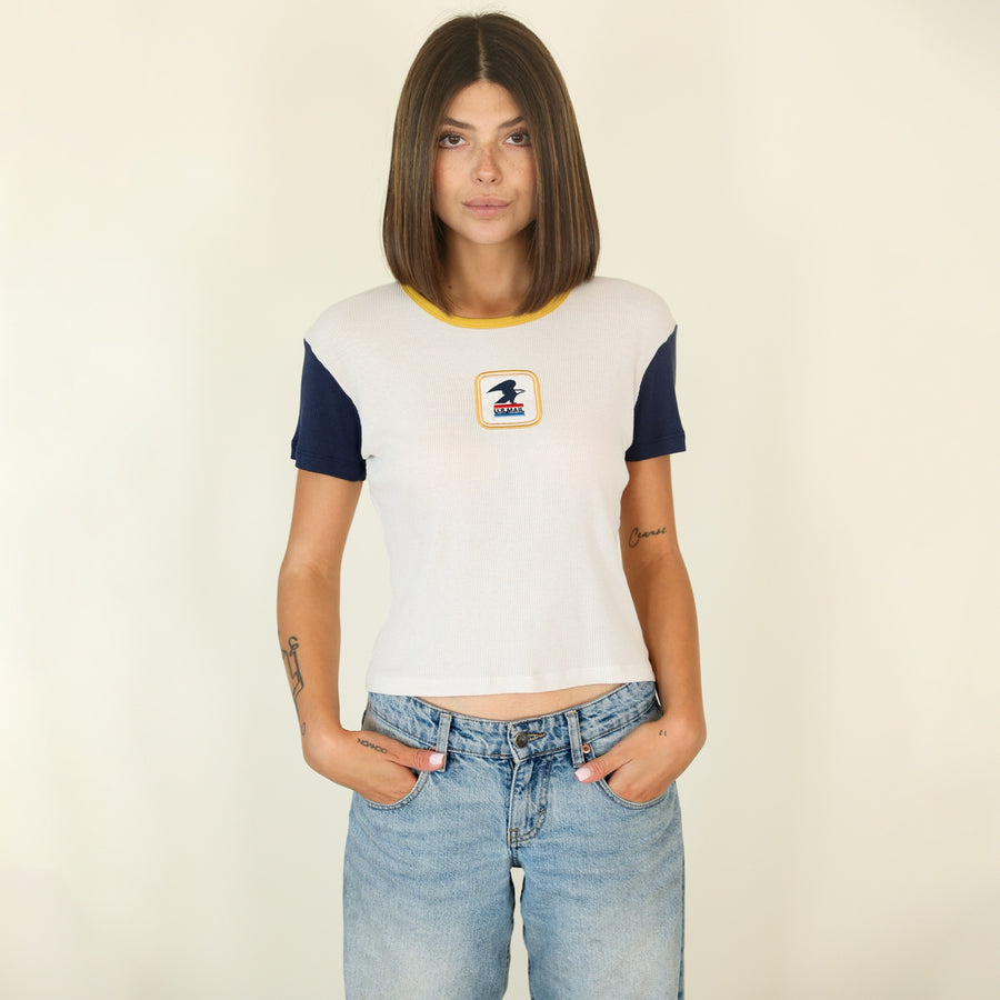USPS Badge - Baby Tee - Bone & Navy Snow