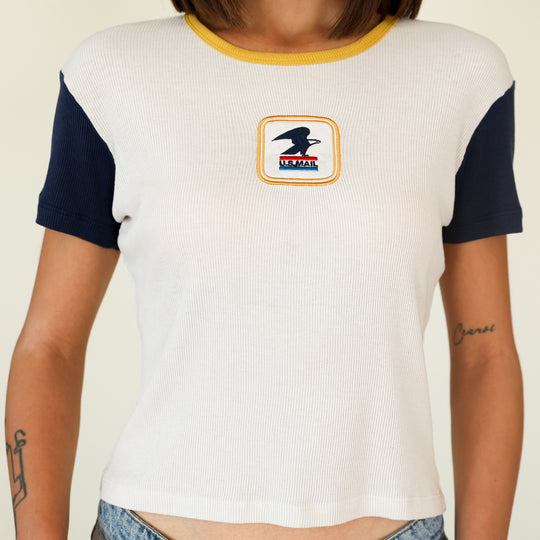 USPS Badge - Baby Tee - Bone & Navy Snow