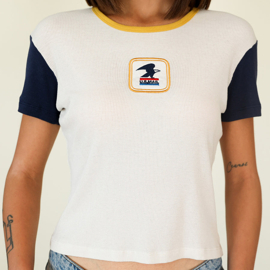 USPS Badge - Baby Tee - Bone & Navy Snow