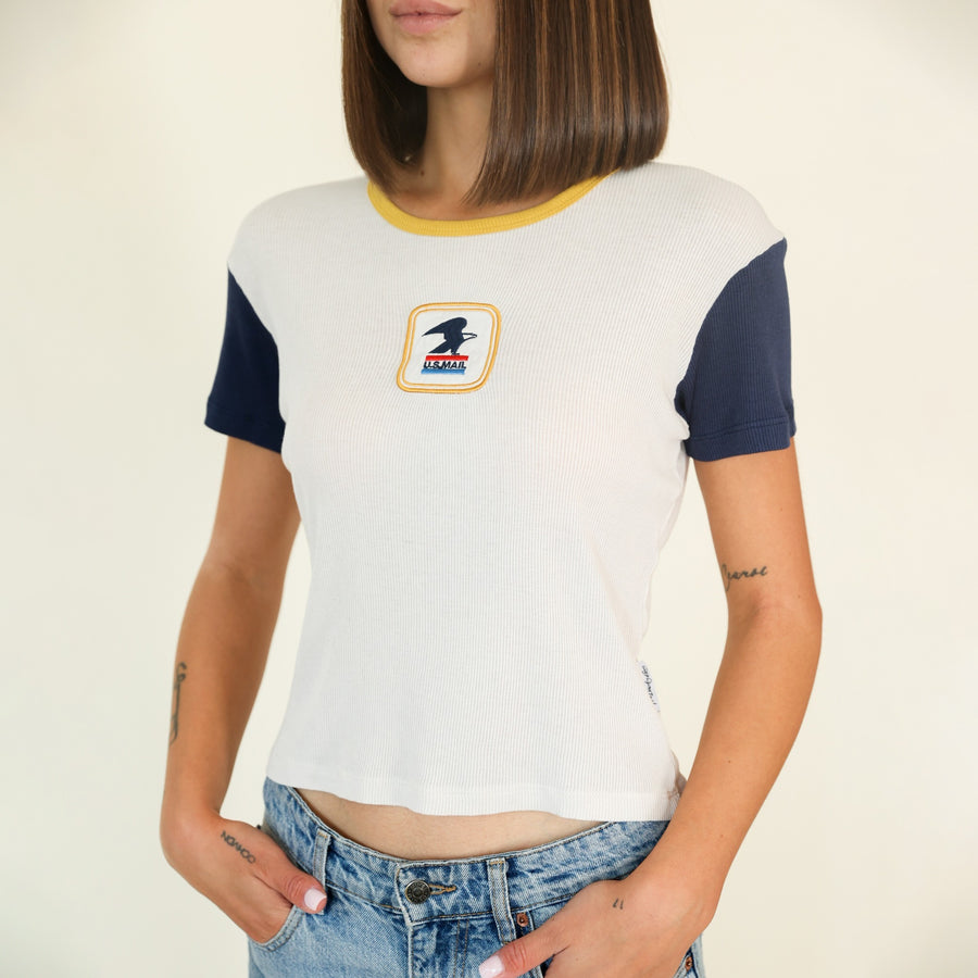 USPS Badge - Baby Tee - Bone & Navy Snow