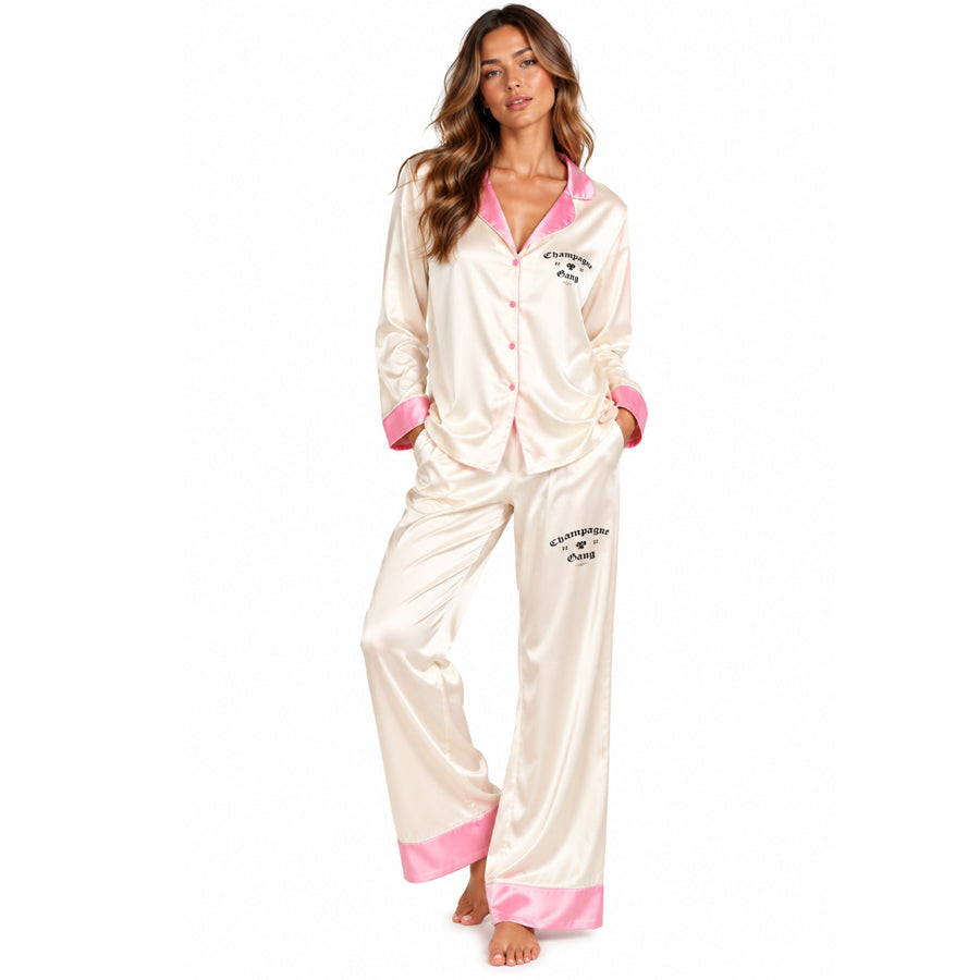 Champagne Gang - Silky PJ Set - Bone & Pink